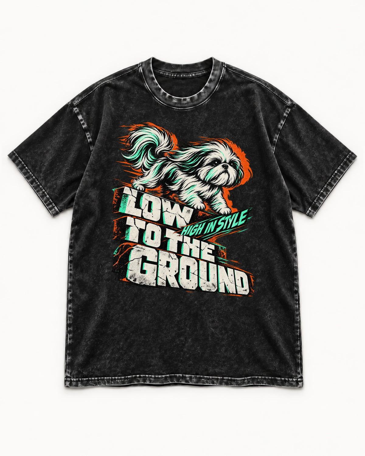 Shih Tzu Low to the Ground High in Style Streetwear Graphic Washed Tee in Black, flat lay product photo