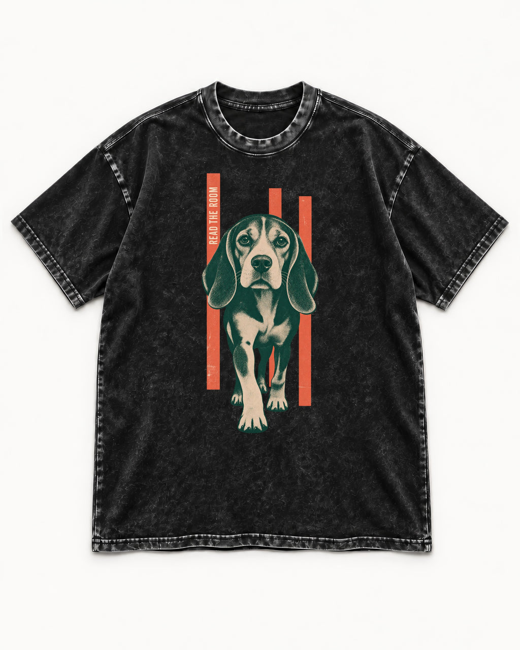 Beagle Before The Move Walking Portrait Washed Tee in Black, flat lay product photo