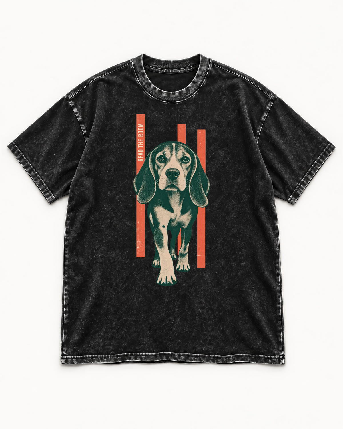 Beagle Before The Move Walking Portrait Washed Tee in Black, flat lay product photo