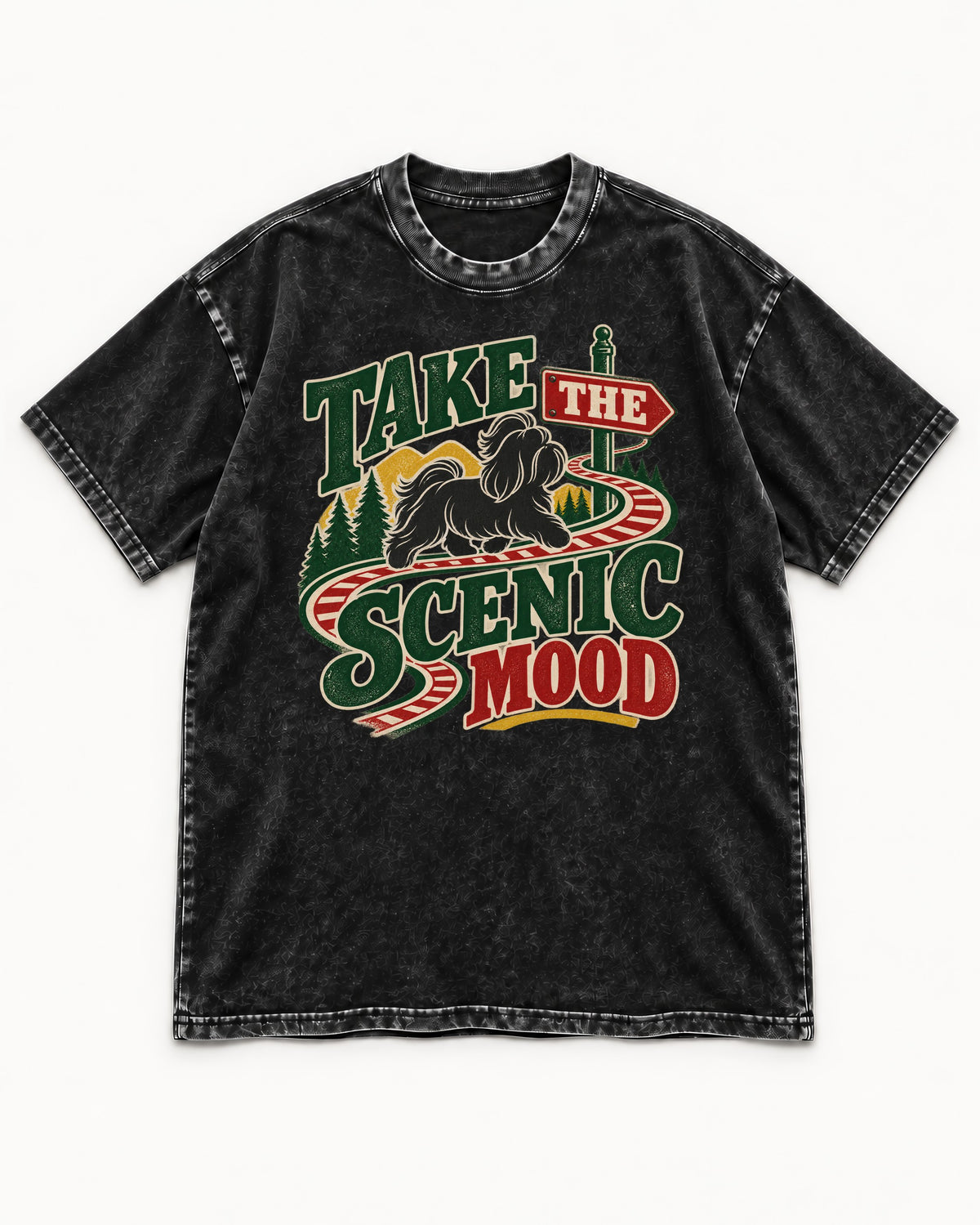 Shih Tzu Take the Scenic Mood Road Sign Graphic Washed Tee in Black, flat lay product photo