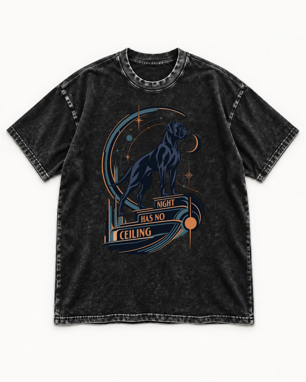 Night Has No Ceiling Boxer Cosmic Graphic Washed Tee in Black, flat lay product photo