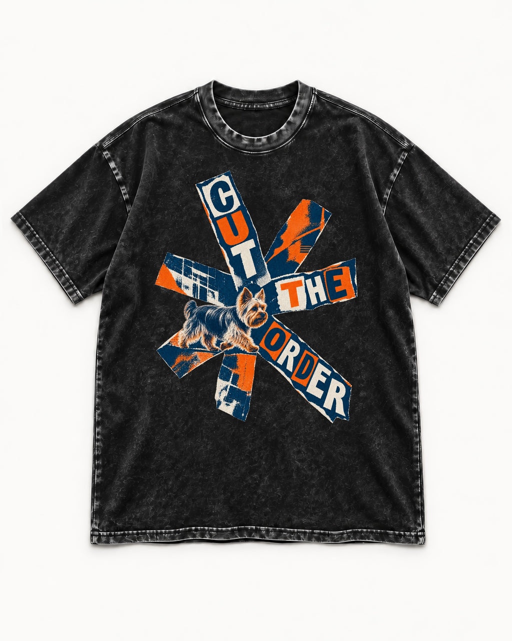 Yorkshire Terrier Cut the Order Radial Collage Graphic Washed Tee in Black, flat lay product photo