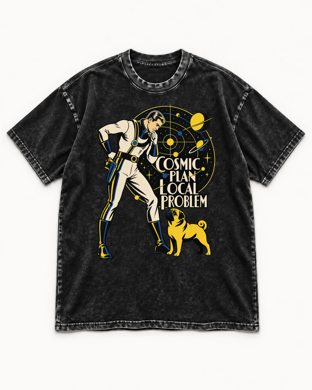 Pug Cosmic Plan Local Problem Astronaut Graphic Washed Tee in Black, flat lay product photo