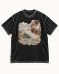 Chihuahua Almost Touched Greatness Renaissance Parody Washed Tee in Black, flat lay product photo