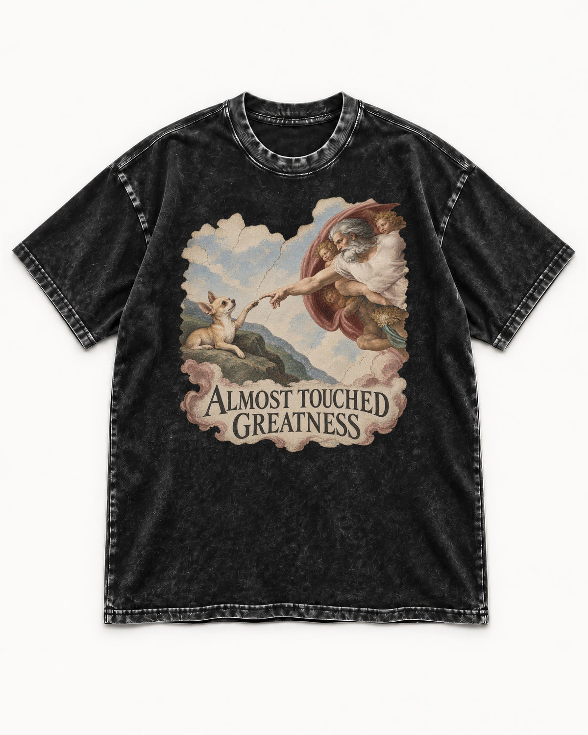 Chihuahua Almost Touched Greatness Renaissance Parody Washed Tee in Black, flat lay product photo