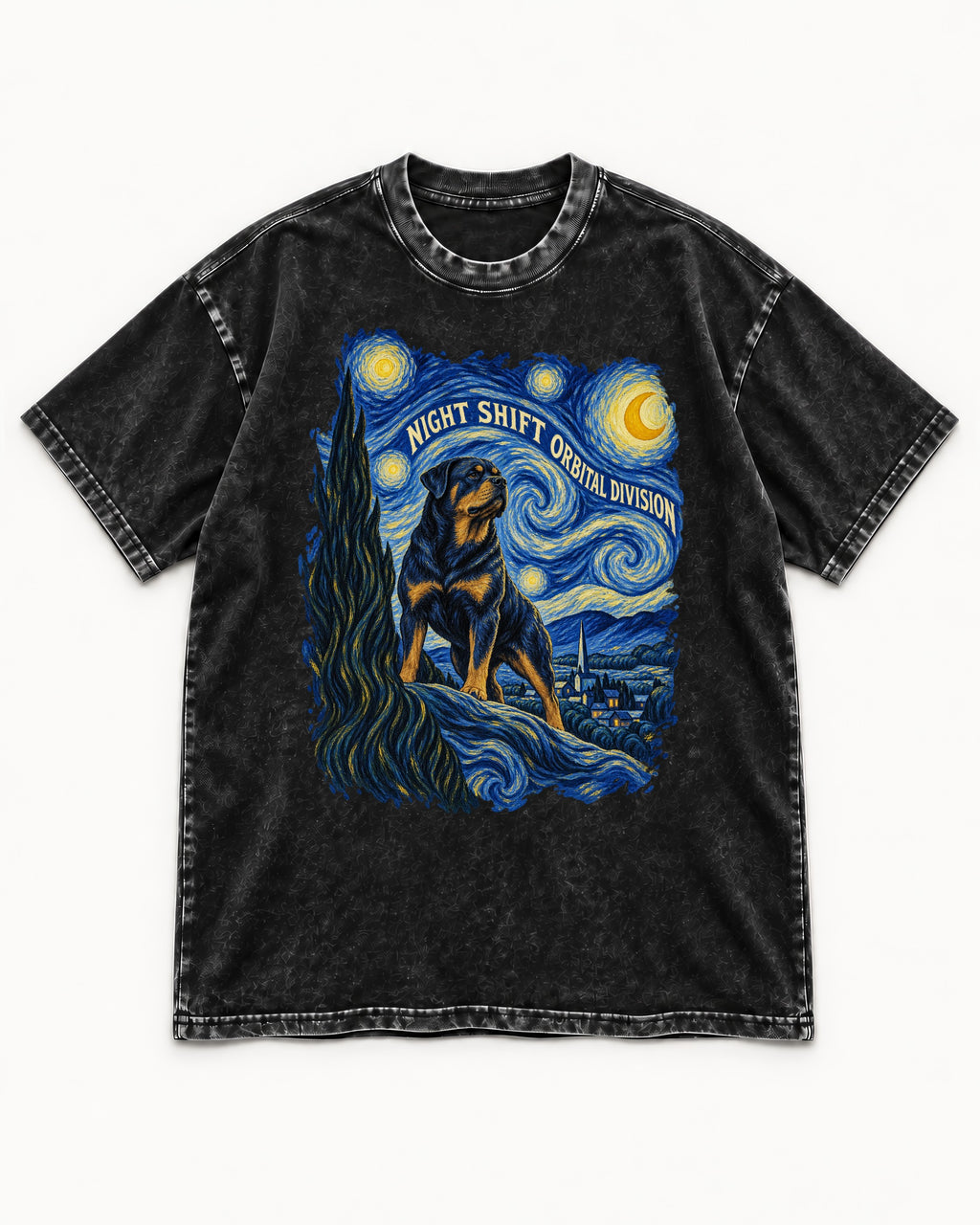Rottweiler Night Shift Orbital Division Starry Night Graphic Washed Tee in Black, flat lay product photo