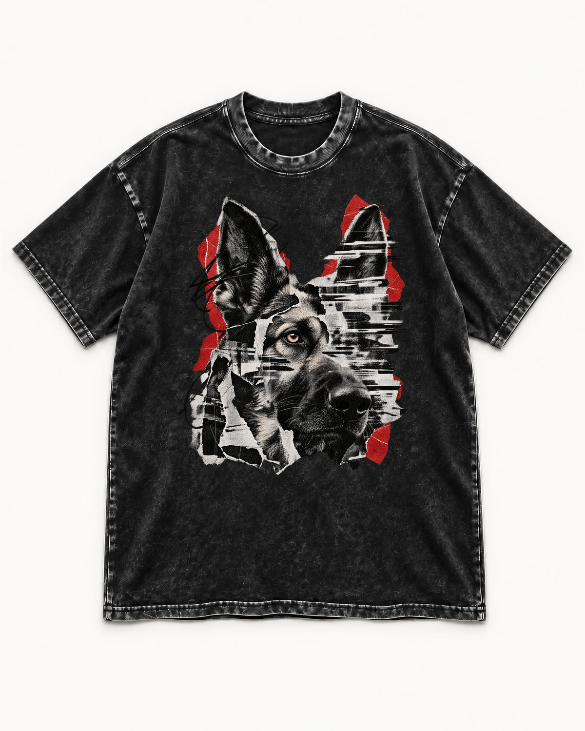 Black Signal Torn Collage German Shepherd Dog Portrait Graphic Washed Tee in Black, flat lay product photo