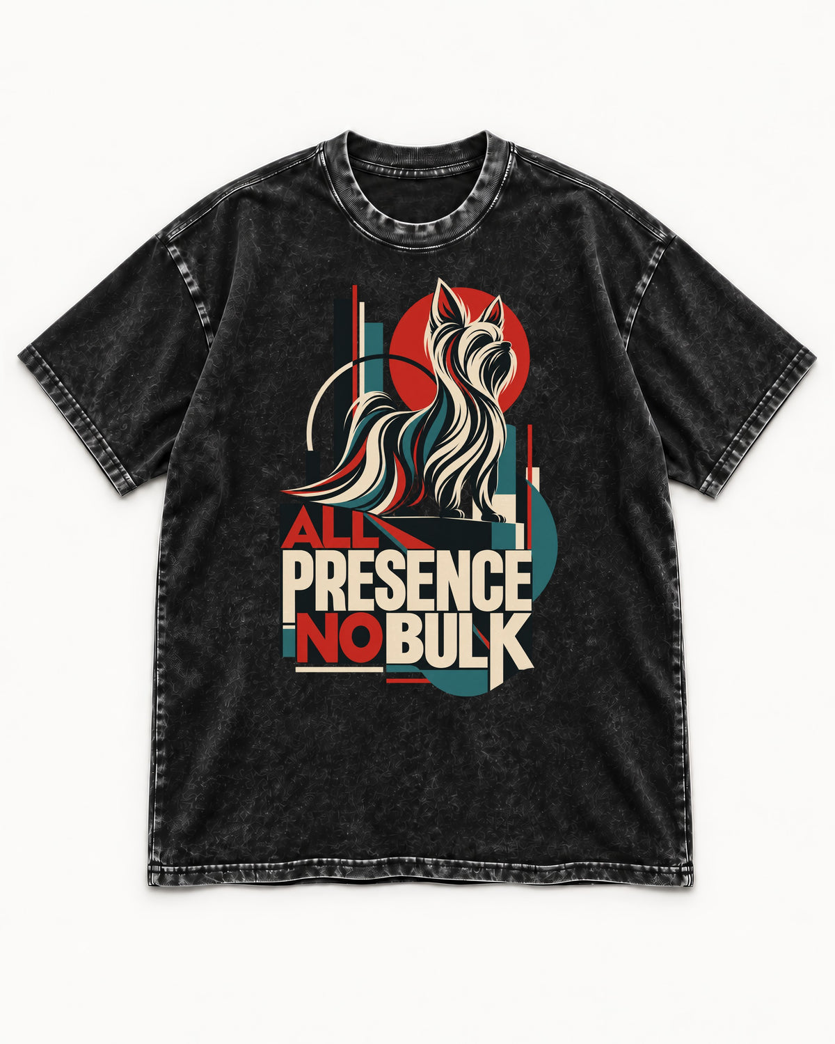 Yorkshire Terrier All Presence No Bulk Geometric Portrait Graphic Washed Tee in Black, flat lay product photo