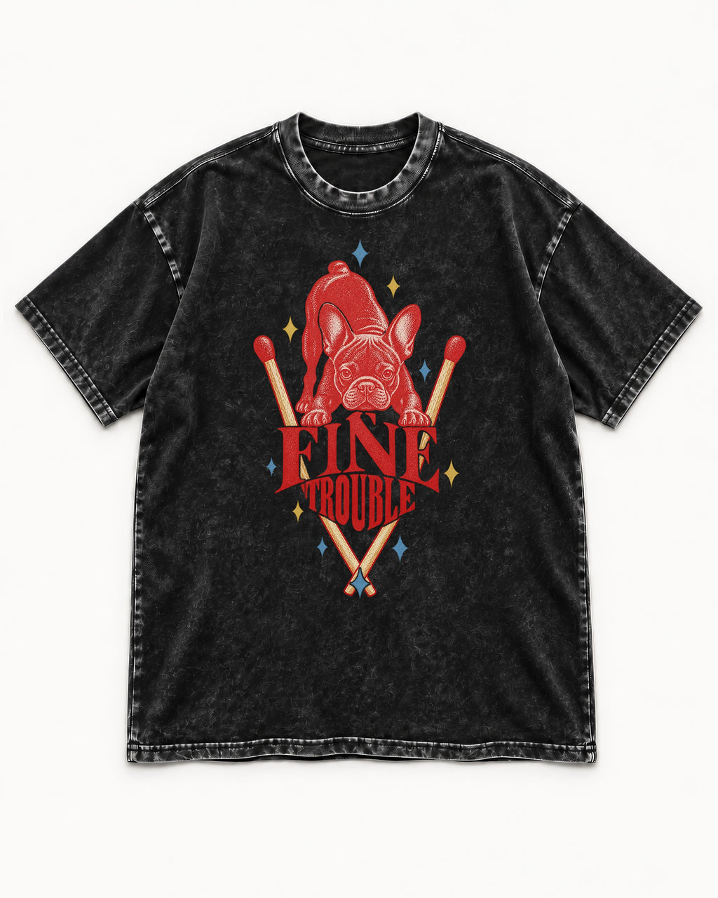 Fine Trouble Boston Terrier Matchstick Graphic Washed Tee in Black, flat lay product photo