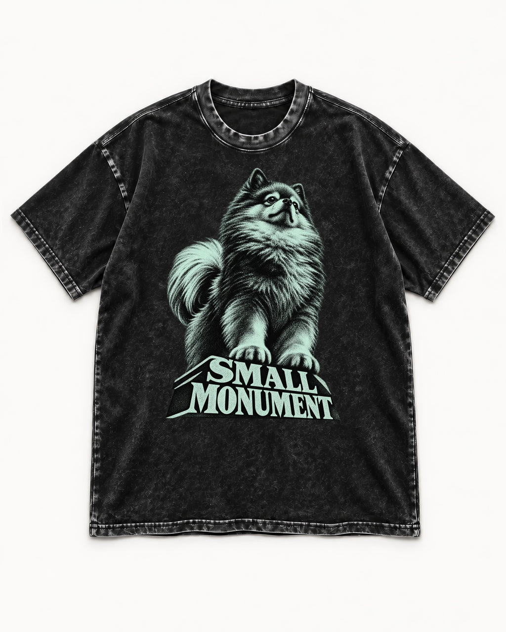 Pomeranian Small Monument Pedestal Graphic Washed Tee in Black, flat lay product photo