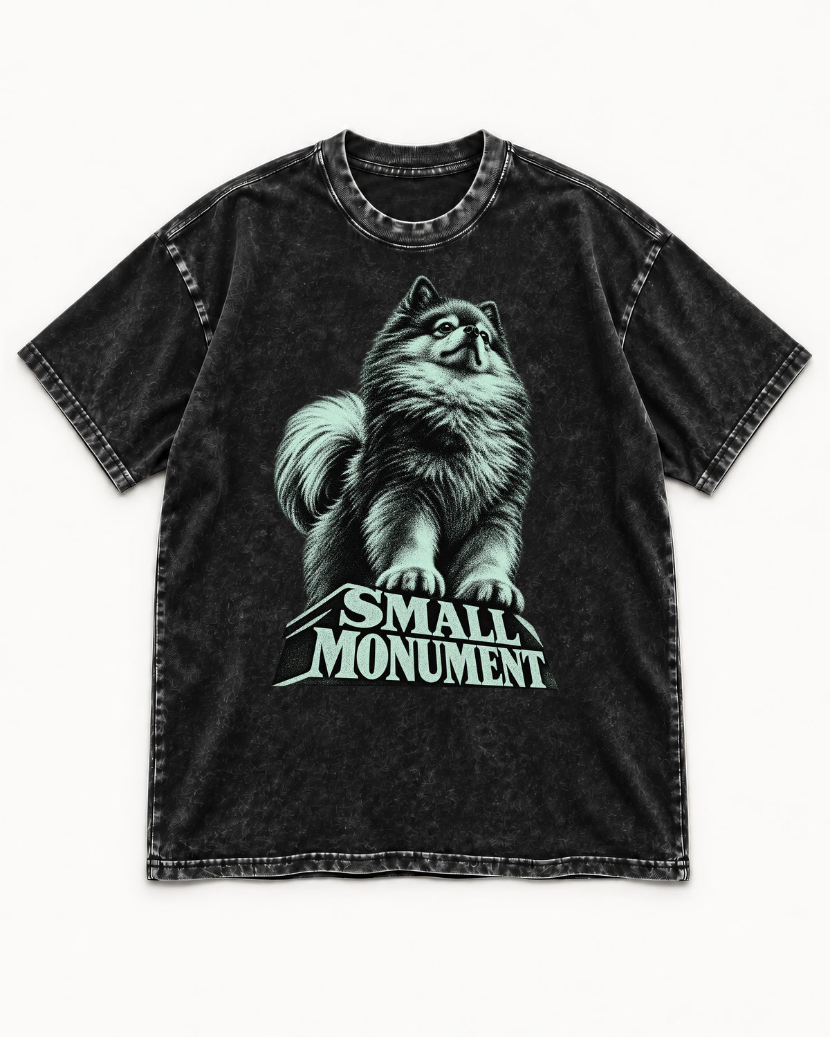 Pomeranian Small Monument Pedestal Graphic Washed Tee in Black, flat lay product photo