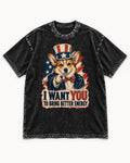 Corgi I Want You to Bring Better Energy Uncle Sam Washed Tee in Black, flat lay product photo