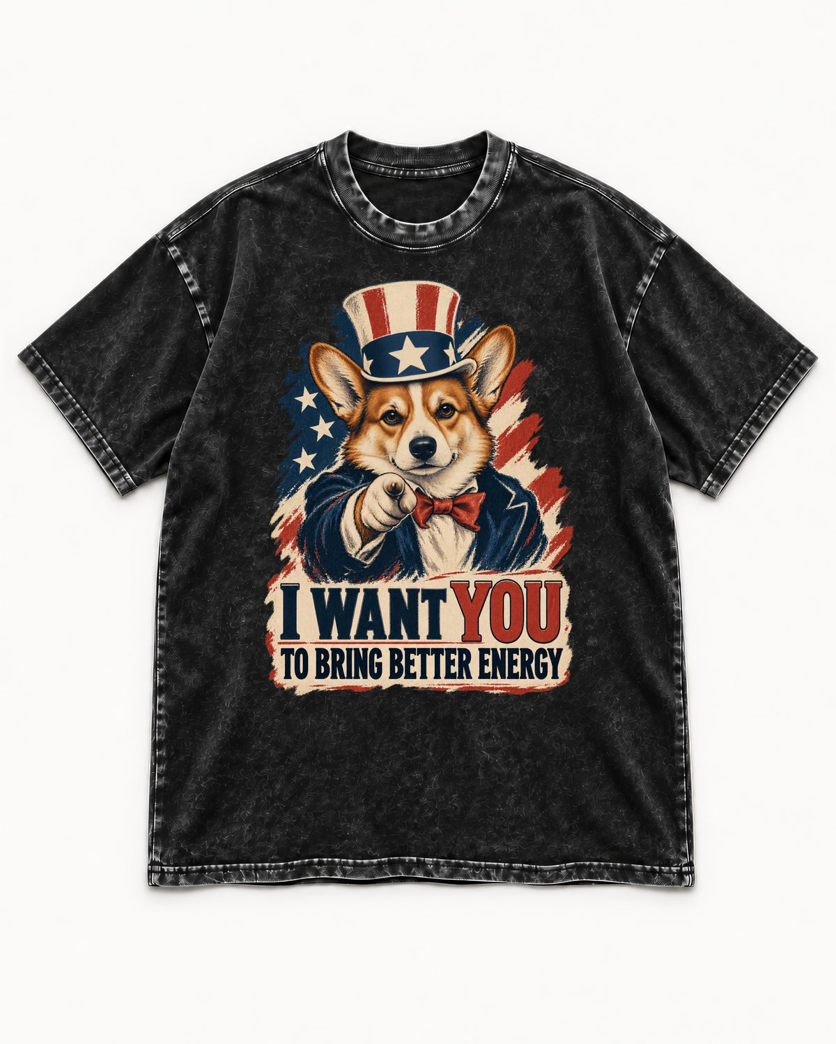 Corgi I Want You to Bring Better Energy Uncle Sam Washed Tee in Black, flat lay product photo