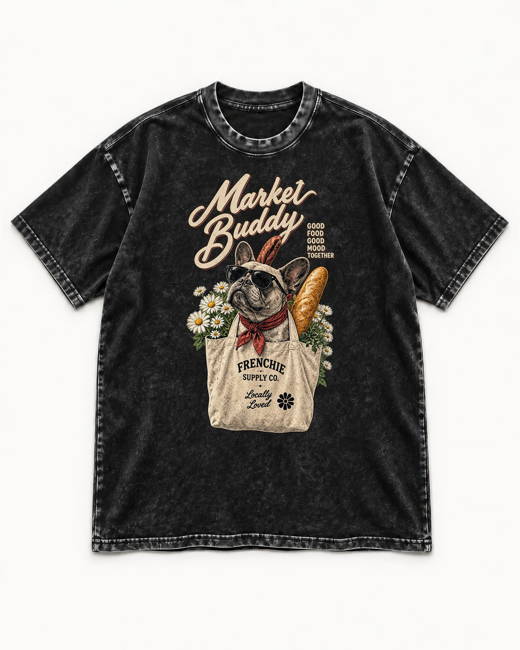 Frenchie Market Buddy Grocery Tote Graphic Washed Tee in Black, flat lay product photo
