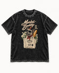 Frenchie Market Buddy Grocery Tote Graphic Washed Tee in Black, flat lay product photo