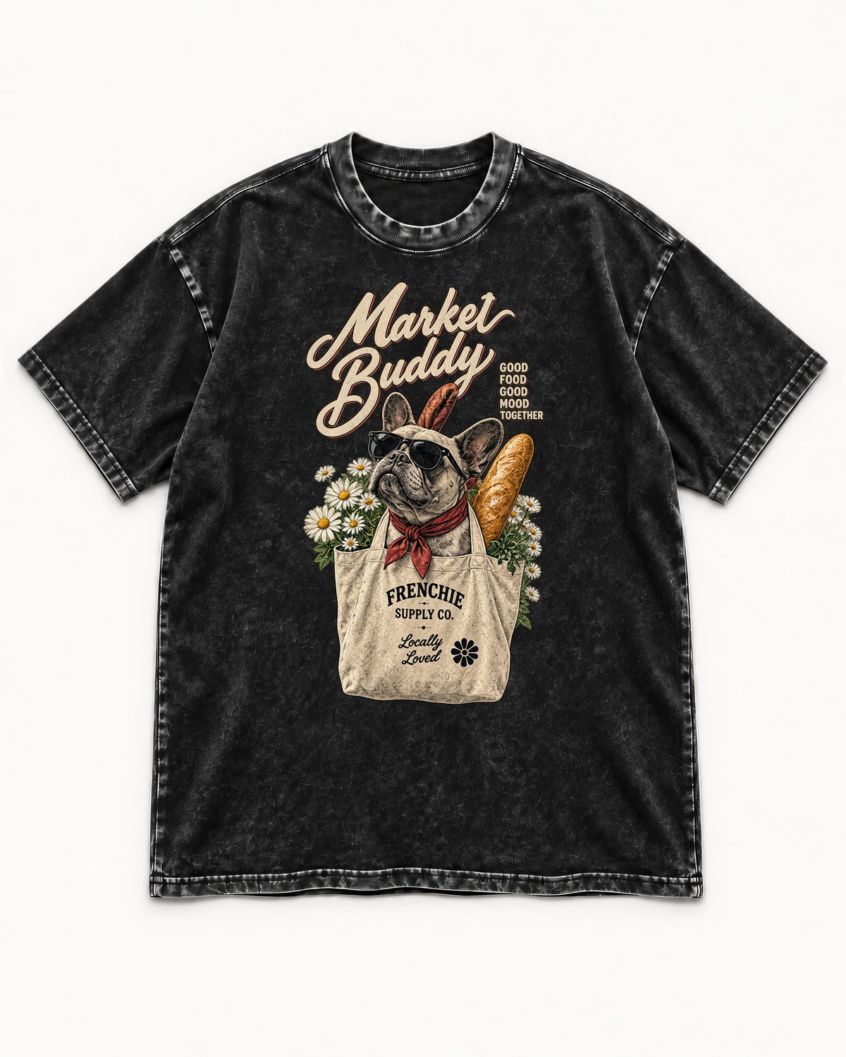 Frenchie Market Buddy Grocery Tote Graphic Washed Tee in Black, flat lay product photo