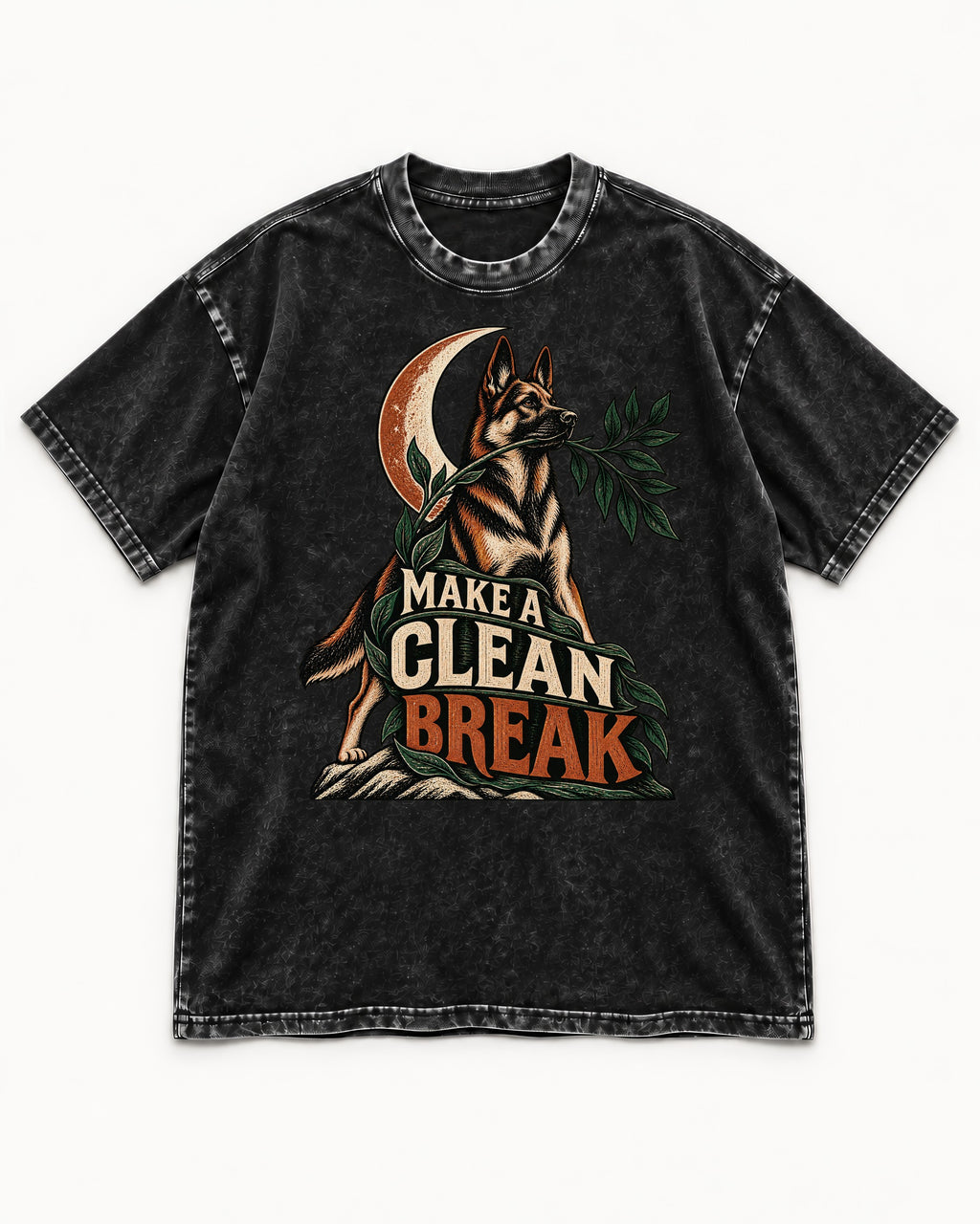 Make A Clean Break Crescent Botanical German Shepherd Dog Graphic Washed Tee in Black, flat lay product photo