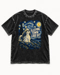 Shih Tzu Sleeping Town Loud Sky Swirling Night Graphic Washed Tee in Black, flat lay product photo