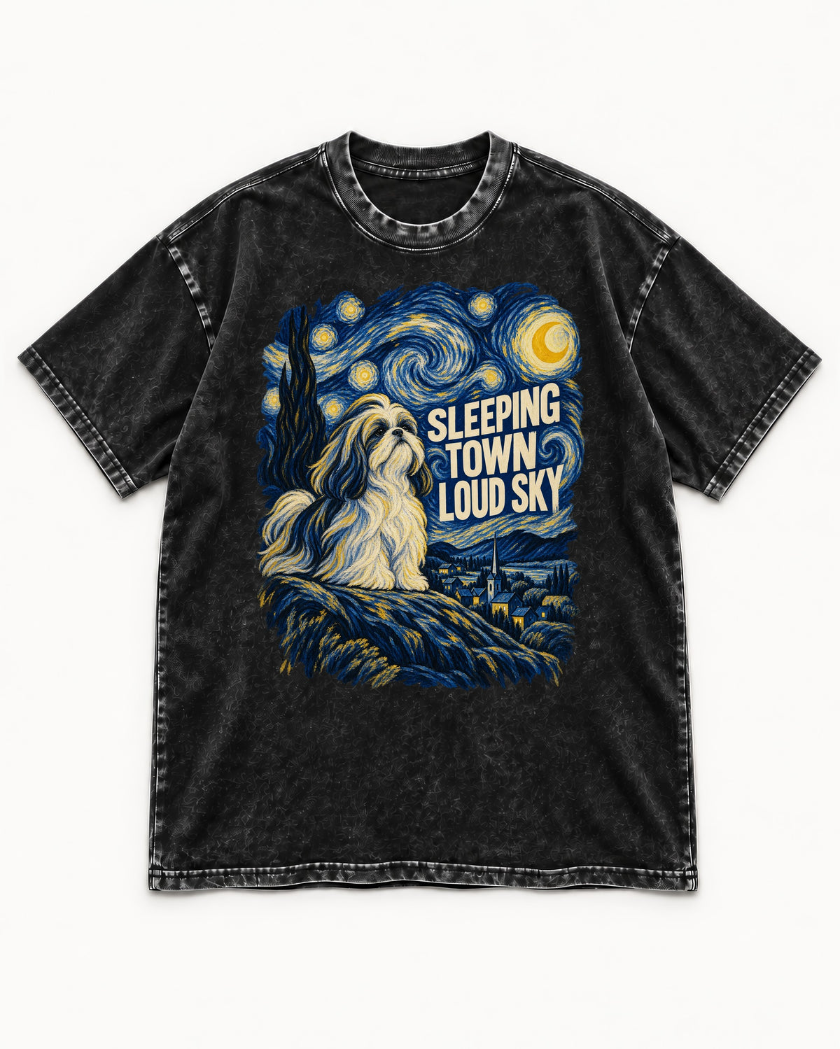 Shih Tzu Sleeping Town Loud Sky Swirling Night Graphic Washed Tee in Black, flat lay product photo