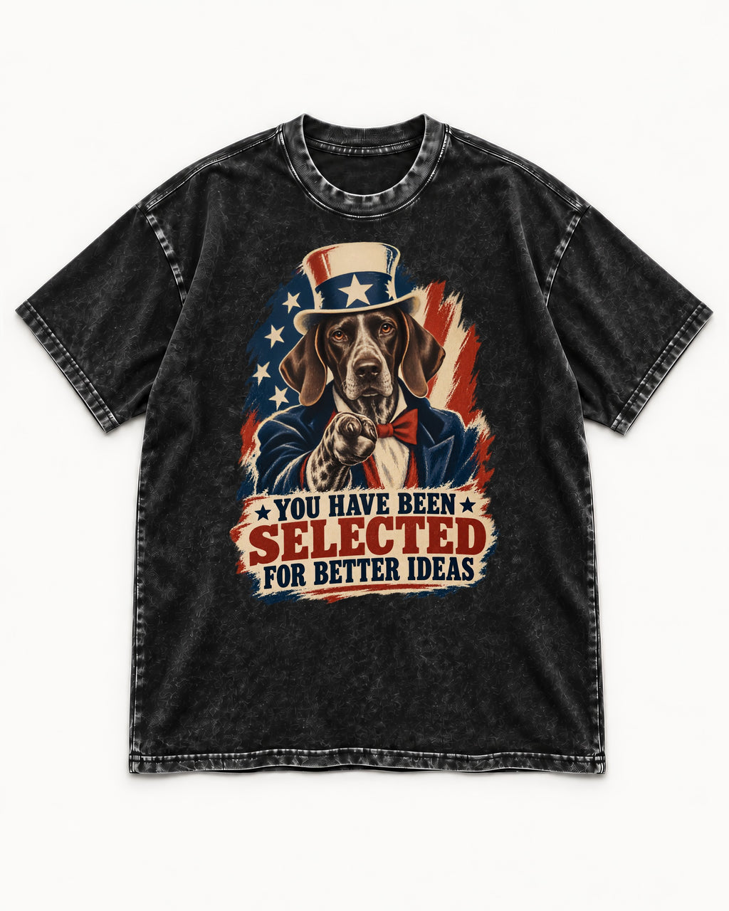 German Shorthaired Pointer You Have Been Selected For Better Ideas Uncle Sam Graphic Washed Tee in Black, flat lay product photo
