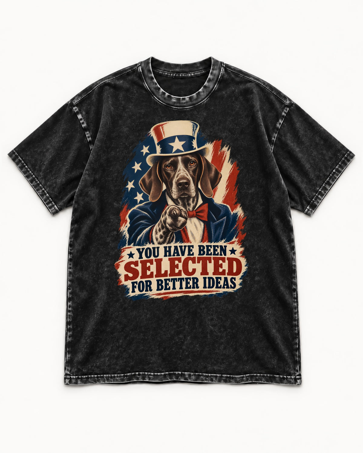 German Shorthaired Pointer You Have Been Selected For Better Ideas Uncle Sam Graphic Washed Tee in Black, flat lay product photo