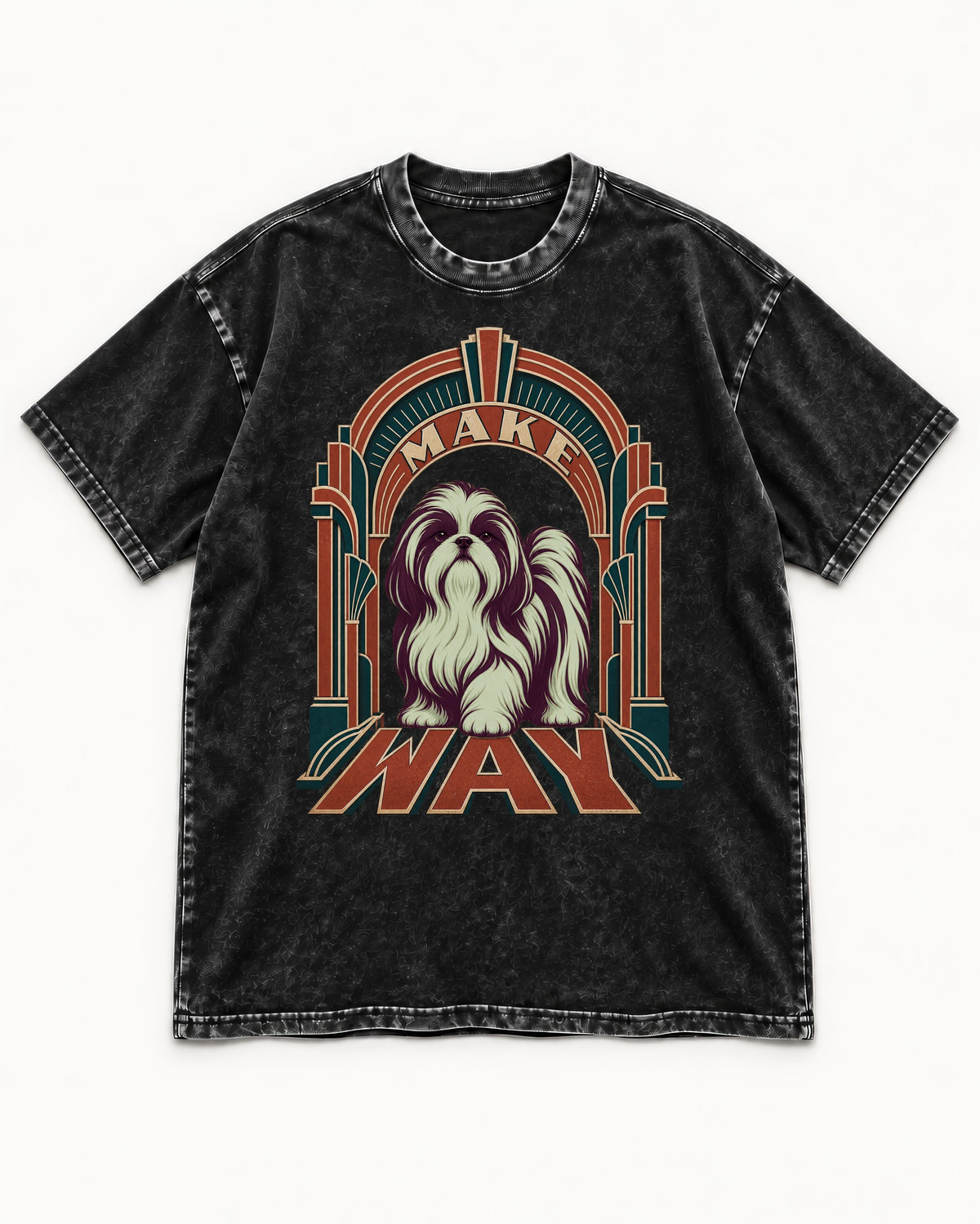 Shih Tzu Make Way Art Deco Arch Portrait Washed Tee in Black, flat lay product photo