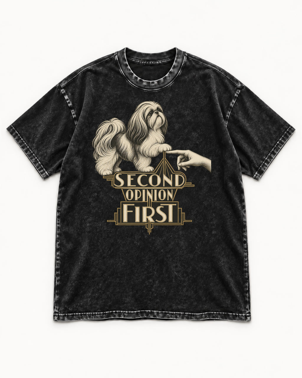 Shih Tzu Second Opinion First Art Deco Graphic Washed Tee in Black, flat lay product photo