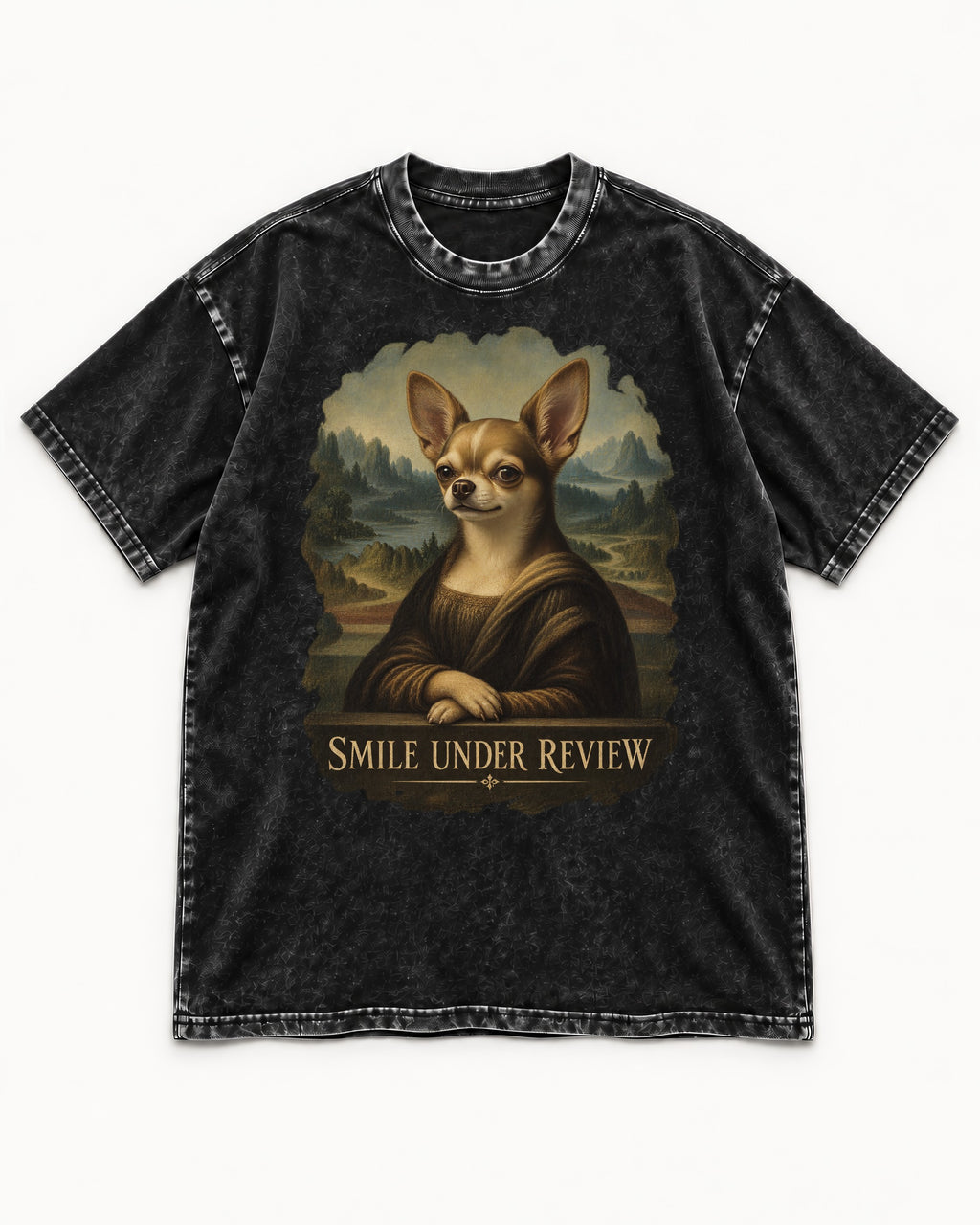 Chihuahua Smile Under Review Mona Lisa Portrait Washed Tee in Black, flat lay product photo