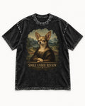 Chihuahua Smile Under Review Mona Lisa Portrait Washed Tee in Black, flat lay product photo