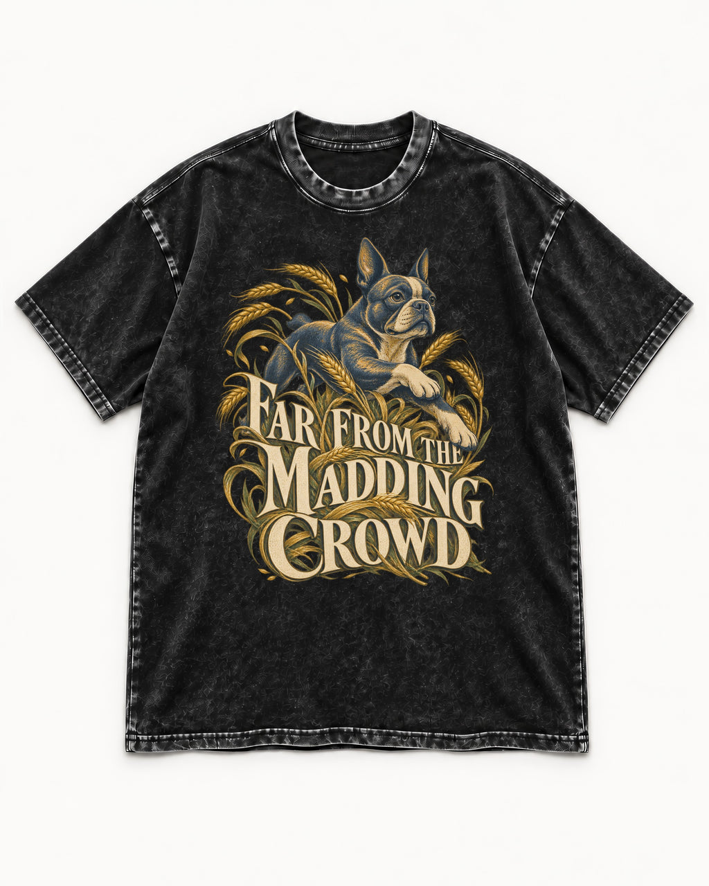Far From the Madding Crowd Boston Terrier Washed Tee in Black, flat lay product photo