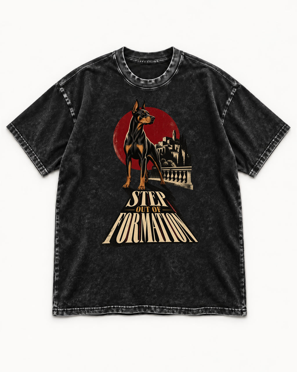 Doberman Step Out of Formation Road Vista Graphic Washed Tee in Black, flat lay product photo