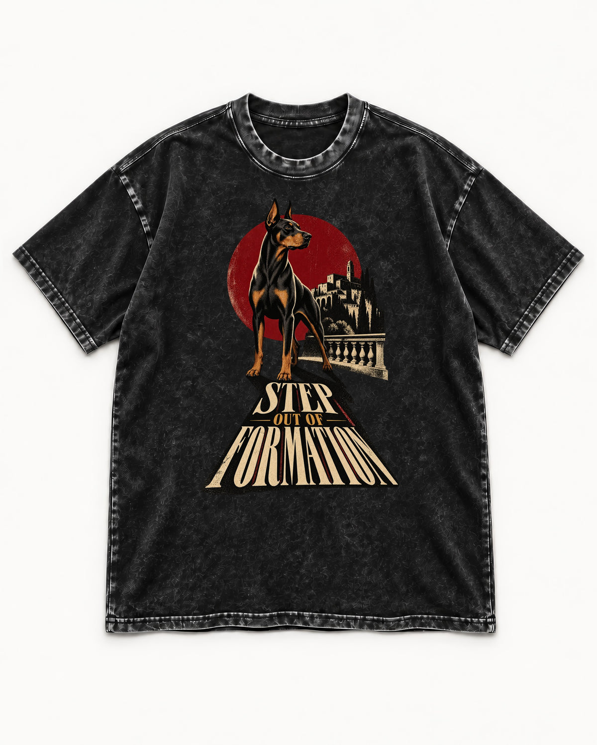 Doberman Step Out of Formation Road Vista Graphic Washed Tee in Black, flat lay product photo