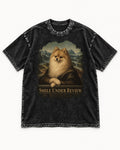 Pomeranian Smile Under Review Renaissance Portrait Graphic Washed Tee in Black, flat lay product photo