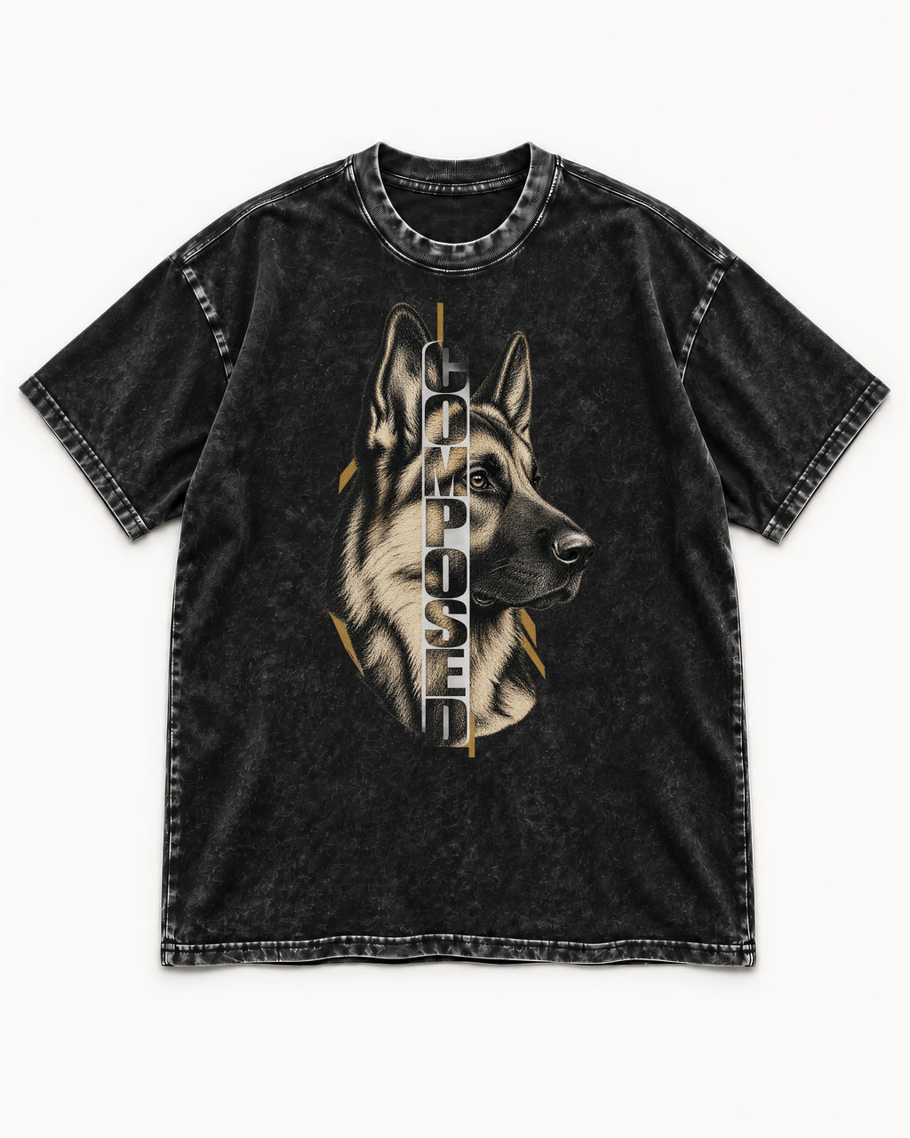 Composed Profile German Shepherd Dog Graphic Washed Tee in Black, flat lay product photo