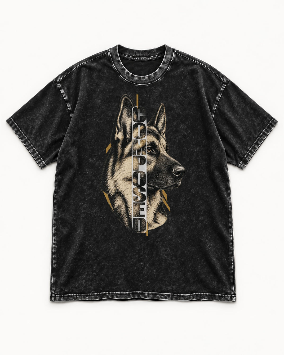 Composed Profile German Shepherd Dog Graphic Washed Tee in Black, flat lay product photo