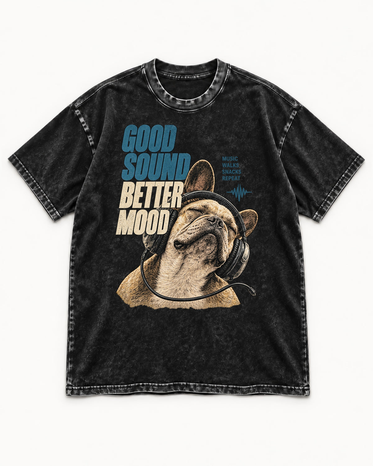 Frenchie Good Sound Better Mood Headphones Graphic Washed Tee in Black, flat lay product photo
