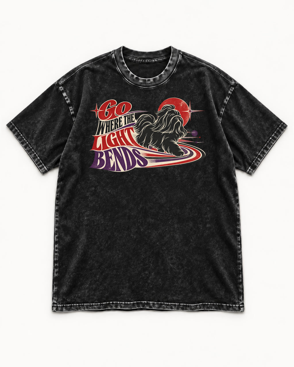 Shih Tzu Go Where the Light Bends Cosmic Orbit Graphic Washed Tee in Black, flat lay product photo