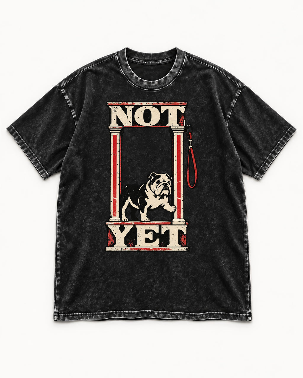 English Bulldog Not Yet Doorway Graphic Washed Tee in Black, flat lay product photo