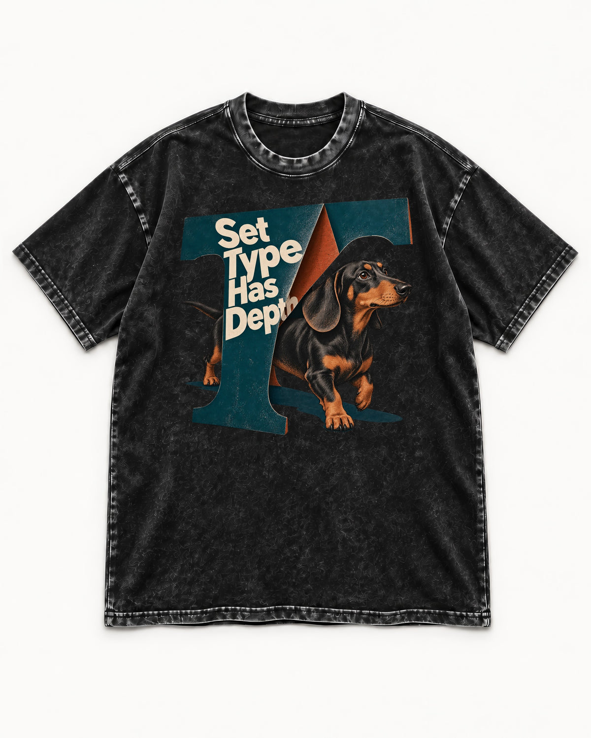 Dachshund Set Type Has Depth Folded Letter Graphic Washed Tee in Black, flat lay product photo