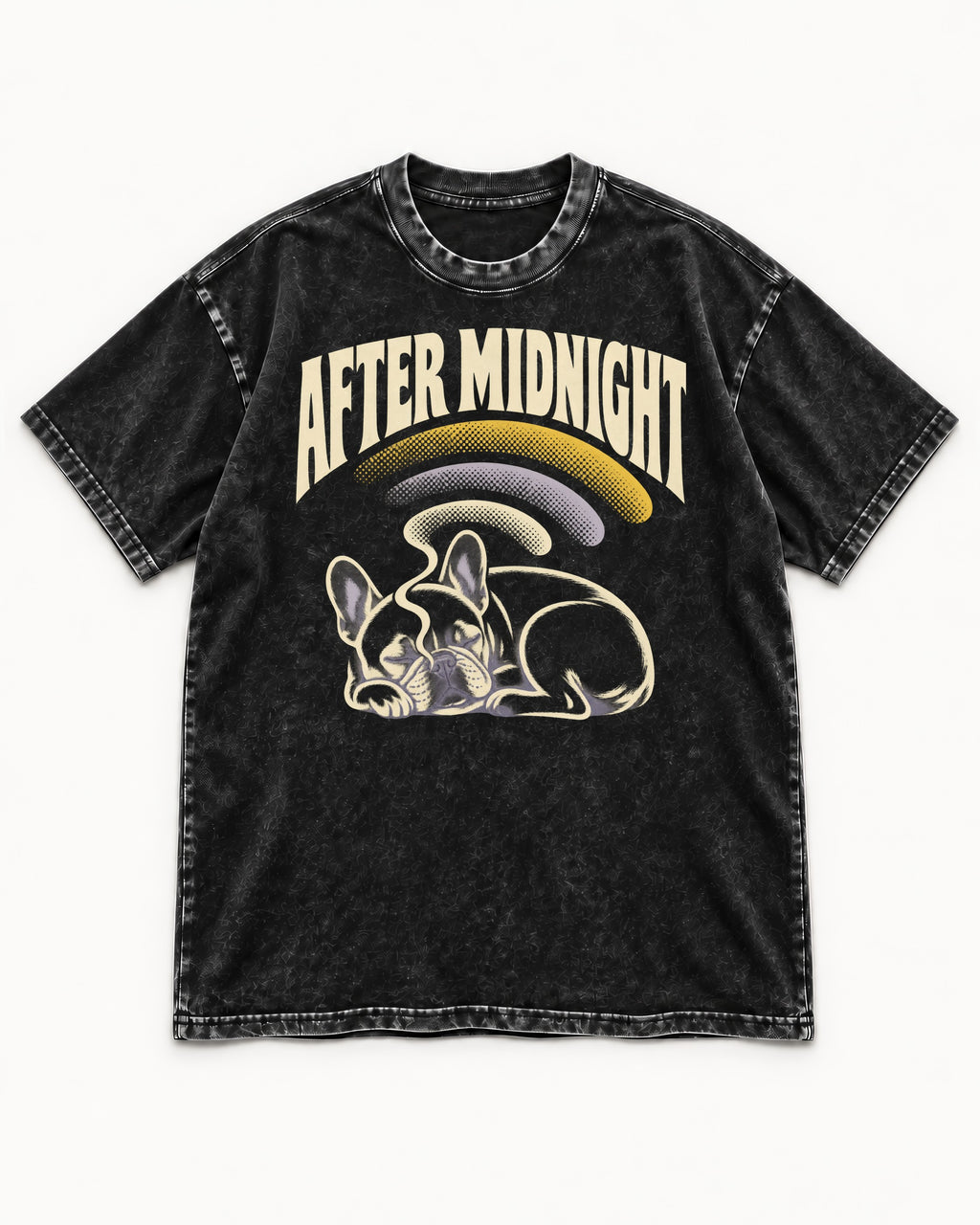 Frenchie After Midnight Sleeping Graphic Washed Tee in Black, flat lay product photo