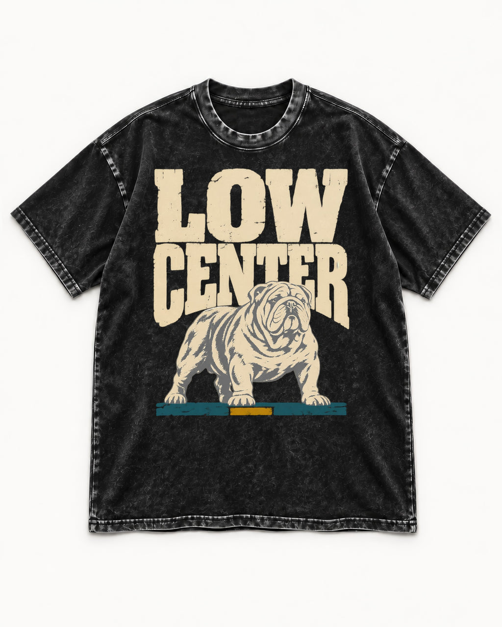 English Bulldog Low Center Stance Graphic Washed Tee in Black, flat lay product photo