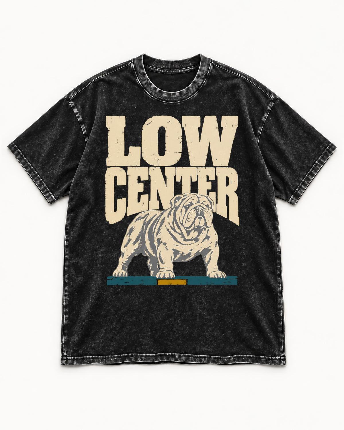 English Bulldog Low Center Stance Graphic Washed Tee in Black, flat lay product photo