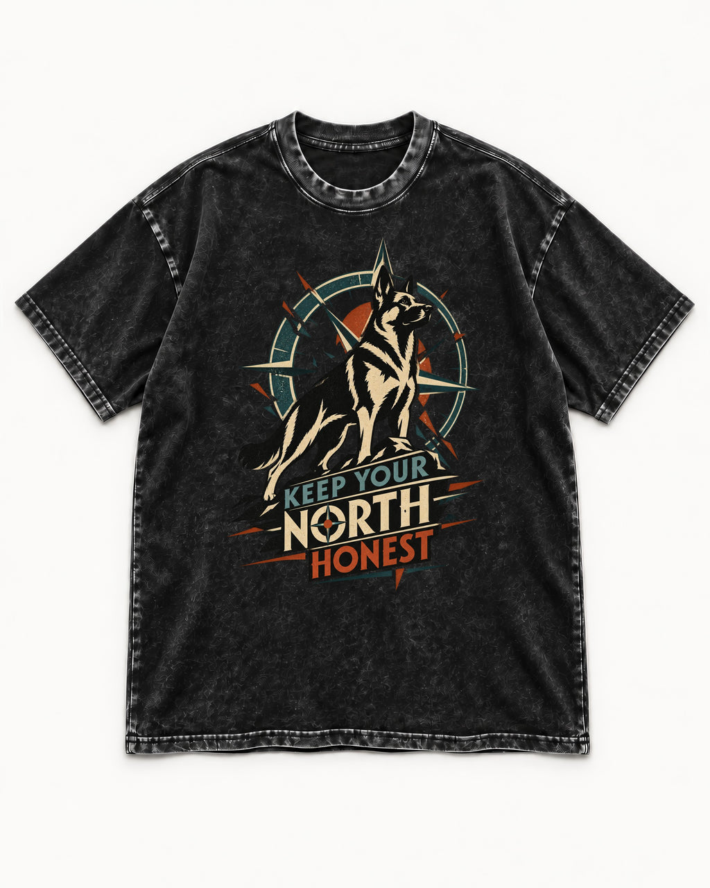 Keep Your North Honest Compass German Shepherd Dog Graphic Washed Tee in Black, flat lay product photo
