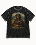 Rottweiler Smile Under Review Renaissance Portrait Graphic Washed Tee in Black, flat lay product photo