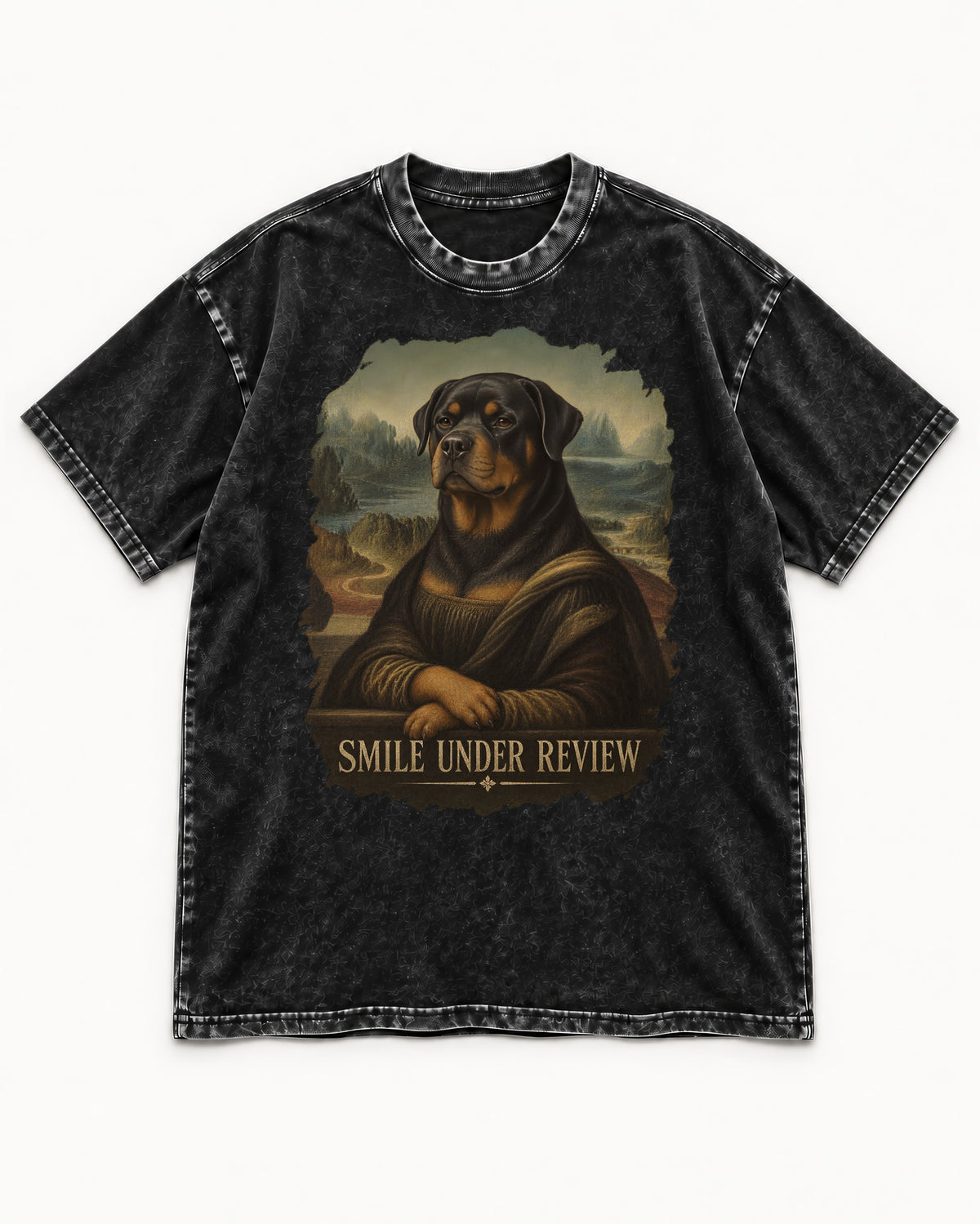 Rottweiler Smile Under Review Renaissance Portrait Graphic Washed Tee in Black, flat lay product photo