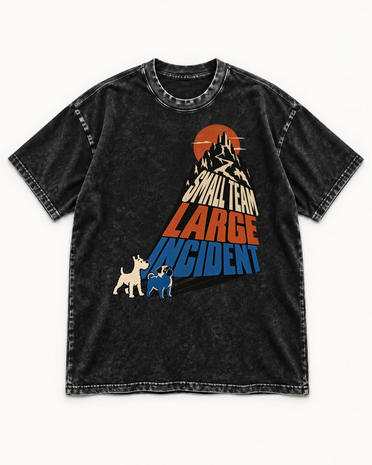 Pug Small Team Large Incident Mountain Graphic Washed Tee in Black, flat lay product photo