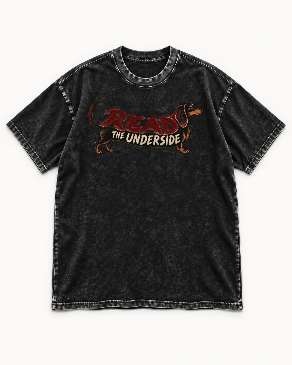Dachshund Read The Underside Body Lettering Graphic Washed Tee in Black, flat lay product photo