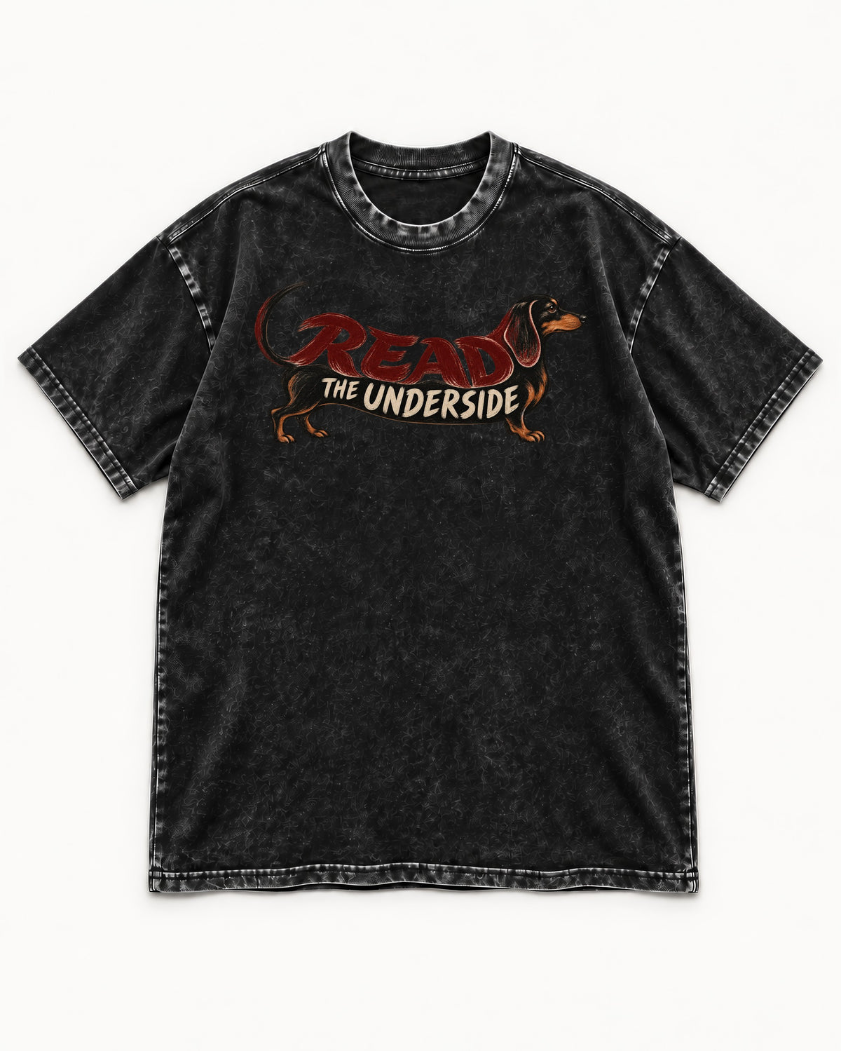 Dachshund Read The Underside Body Lettering Graphic Washed Tee in Black, flat lay product photo