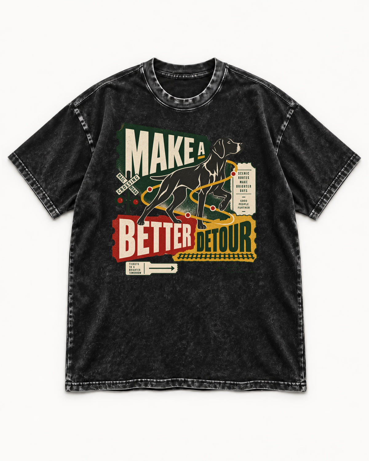 German Shorthaired Pointer Make a Better Detour Railroad Graphic Washed Tee in Black, flat lay product photo