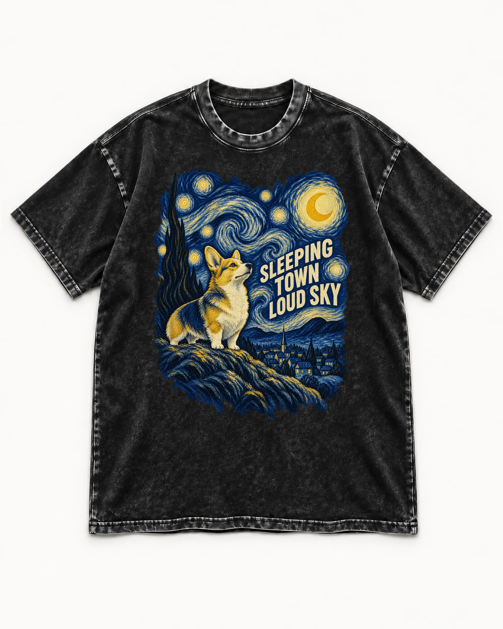 Corgi Sleeping Town Loud Sky Starry Night Washed Tee in Black, flat lay product photo